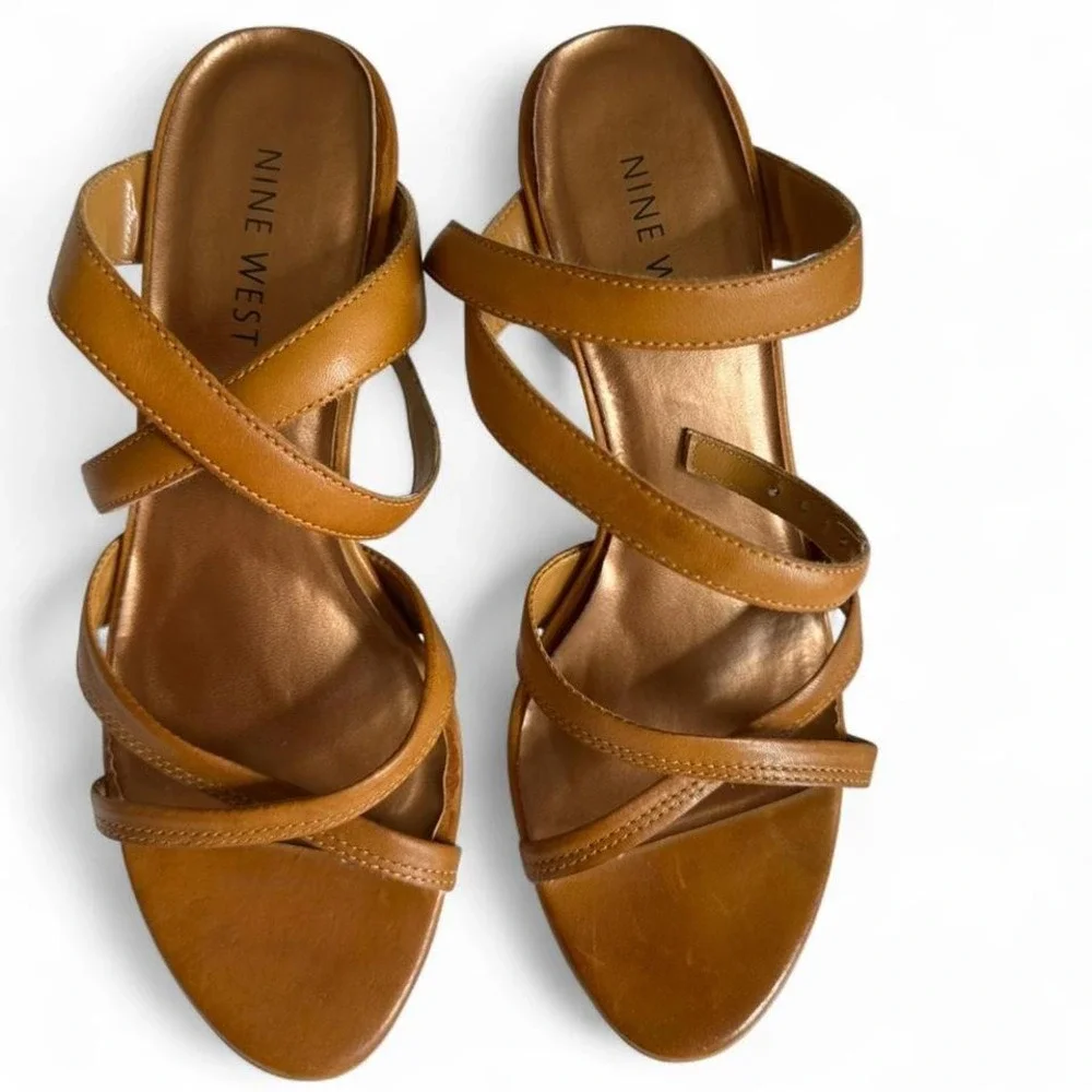 Nine West Leather Strappy Heels Caramel Tan Made in Brazil - Picture 2 of 6